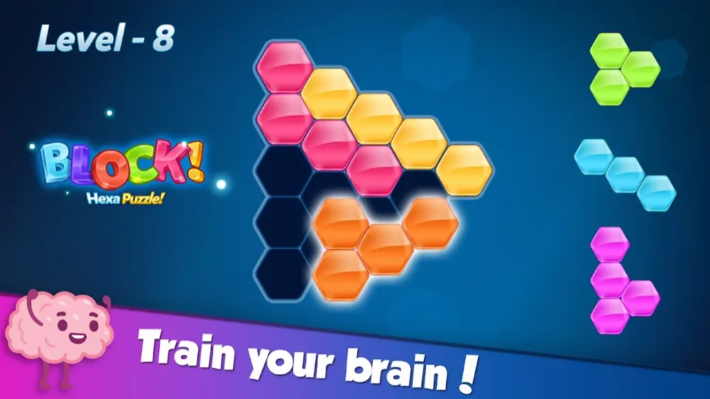 Nível do Block! Hexa Puzzle com o contorno parcialmente preenchido e três peças hexagonais à direita