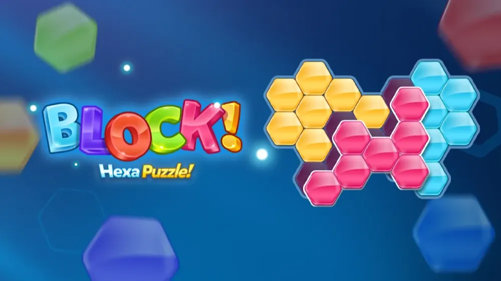 Peças hexagonais coloridas encaixadas sobre o fundo azul do Block! Hexa Puzzle