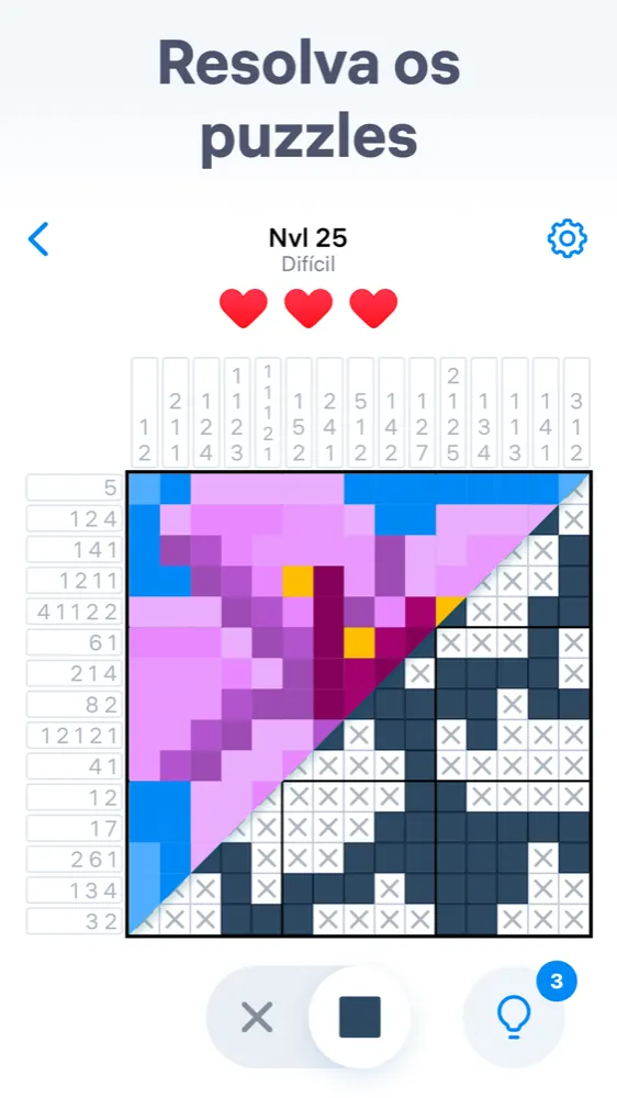 Nível difícil de Nonogram.com com a imagem a cores a formar-se na metade superior da grelha