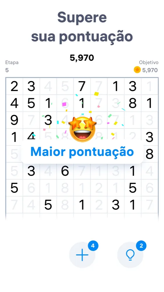 Ecrã de Number Match a assinalar a melhor pontuação alcançada numa etapa