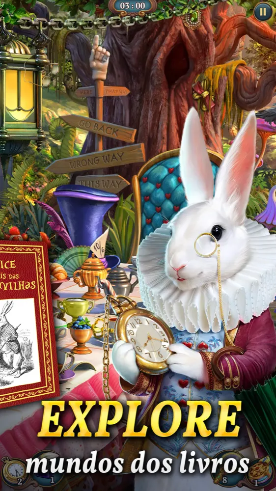 Cena inspirada em Alice no País das Maravilhas com um coelho branco de monóculo e um relógio de bolso