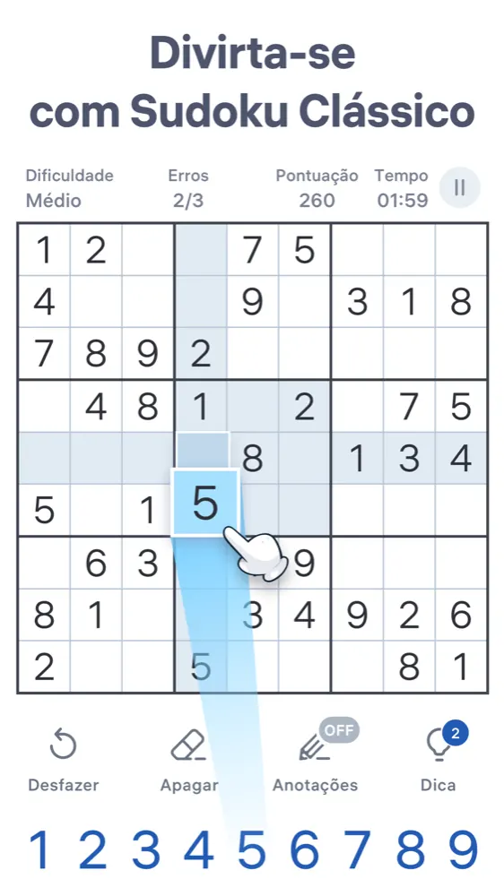 Grelha de Sudoku.com em dificuldade média com a linha e a coluna da célula seleccionada realçadas