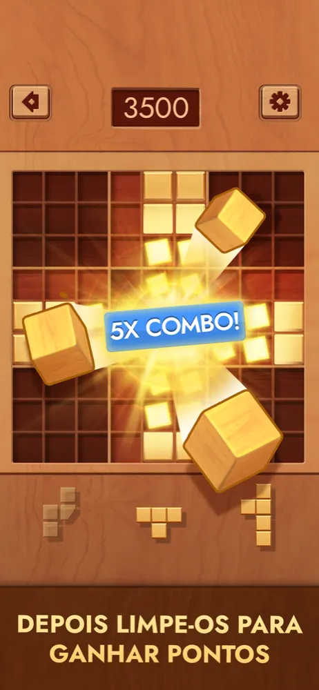 Linha completa a ser limpa no Woodoku com as peças seguintes à espera no fundo do ecrã